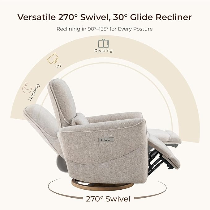 CHITA Power Nursery Rocking Chair, Swivel Glider Recliner Chair with Solid Wood Base, Bulit-in USB & Type-C Charging Ports for Living Room, FSC Certified, Taupe