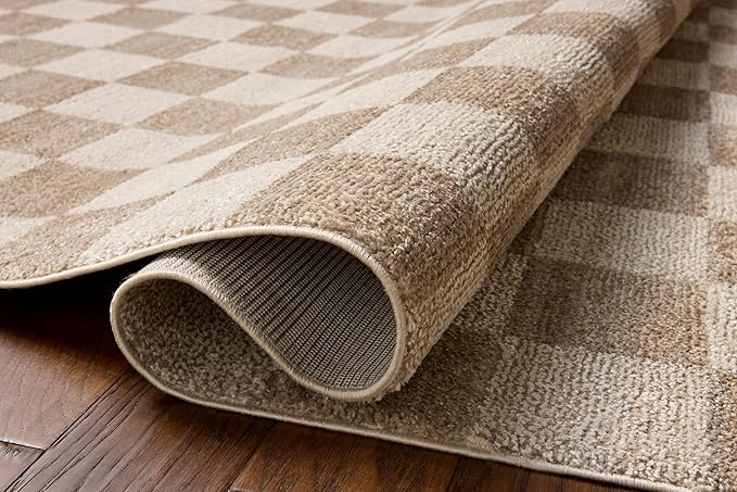 Loloi Chris Loves Julia Calvin Collection CLV-01 Pebble/Ivory 2'-7" x 7'-6" Runner Rug Checkered Neutral Soft Living Room Bedroom Carpet