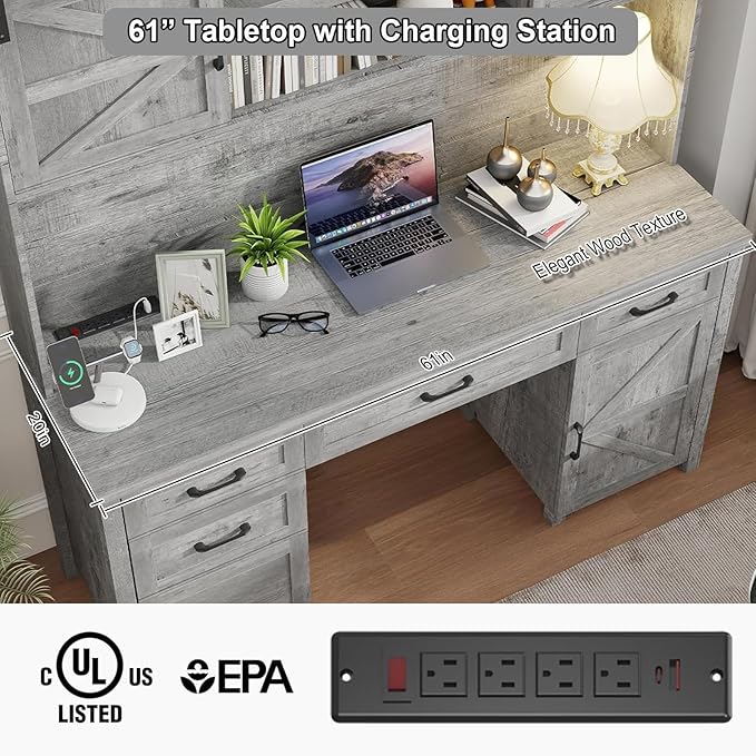 Farmhouse 67''H Executive Desk with Hutch & 5 Drawers, Rustic Office Desks Computer Desks with Charging Station, File Drawers and Storage Cabinets, Wood Workspace for Home Office & Study.（Grey）.