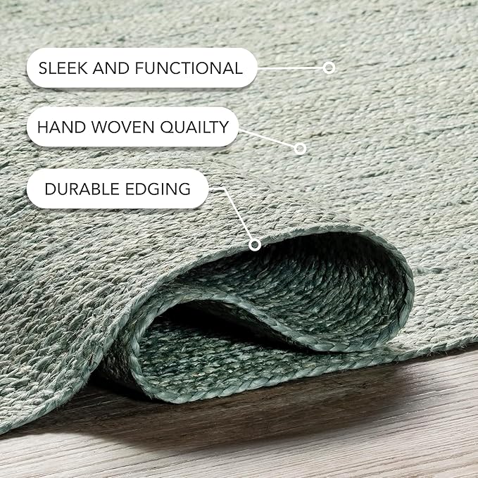 nuLOOM 8x10 Rigo Jute Hand Woven Area Rug, Green, Solid Farmhouse Design, Natural Fiber, For Bedroom, Living Room, Dining Room, Hallway, Office, Kitchen, Entryway