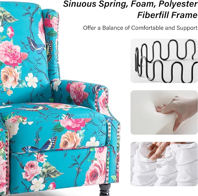 Recliner Chair, Upholstered Wingback Floral Pushback Armchair with Adjustable Backrest & Footrest, Comfy Accent Chair Reading Single Sofa for Small Spaces, Living Room, Bedroom (Peacock, Set of 2)