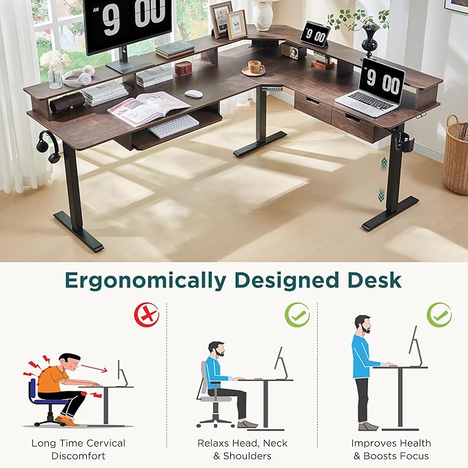 RedLemon 75X60 Inches L Shaped Electric Standing Desk, Height Adjustable Corner Gaming Desk with Drawers, Keyboard Tray, Power Outlets & LED Lights, Computer Desk with Monitor Shelf, Dark Walnut