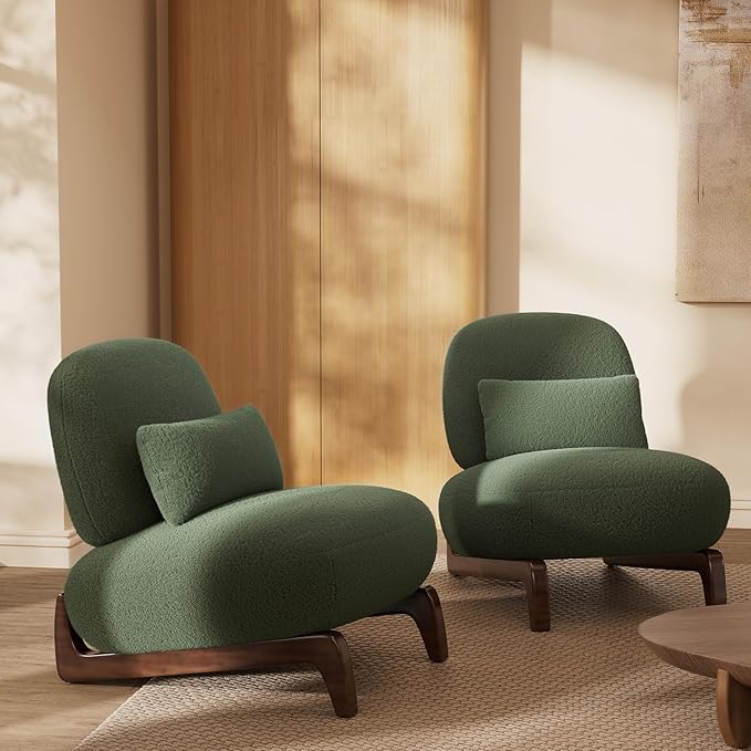 Morden Fort 3 Piece Cloud Couch Set, Modern Sherpa Boucle Sofa Set with Wood Legs, Skin-Friendly Minimalist Upholstered Comfy Couch Sofas for Living Room, 3-Seater Sofa & 2 Chairs, Forest Green