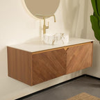 48 Inch Bathroom Vanity with Sink, Floating Fluted Vanity with Vessel Sink, Modern Wall Mounted Bathroom Vanity Cabinet with 2 Doors, Ceramic Sink with Stone Pattern & Sintered Stone Top, Oak