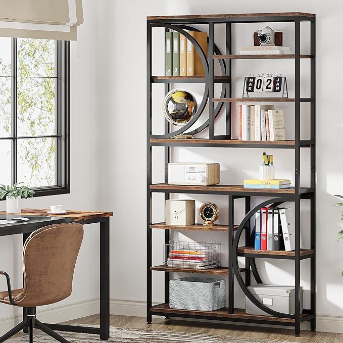 Tribesigns Bookshelf, Industrial 8-Tier Etagere Bookcases, 77-Inch Tall Book Shelf Open Display Shelves, Wood Look Accent Shelving Unit with Metal Frame for Home Office (2, Brown/Black)