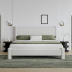 King Size Bed Frame, Boucle Upholstered Platform Bed with Headboard and Footboard, Soft Rounded Corners, No Box Spring Required, Easy Assembly, White
