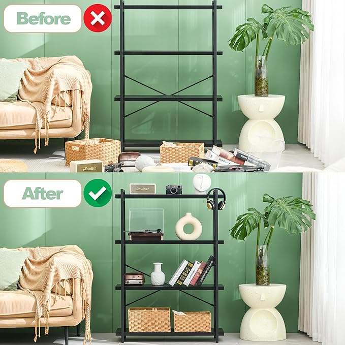 HCHQHS Bookshelf, 4-Tier Industrial Bookcase, Black Open Book Shelf, Freestanding Tall Bookshelves with Metal Frame