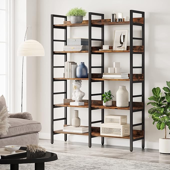 Tribesigns 5-Tier Industrial Bookshelf, 71”H x 47”W Etagere Bookcase, Freestanding Double Wide Book Shelf for Storage and Display, Wood and Metal Bookshelves for Living Room Home Office, Rustic Brown