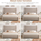 VELOCAVA Queen Size Upholstered Bed Frame with 51.77" Tall Headboard and Soft Rounded Corners, Side Storage Drawers, 12-Slat Support, No Box Spring Needed, Linen-Blend Fabric, Beige