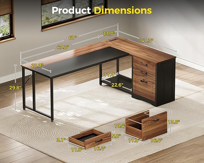AODK L Shaped Desk with Wood Drawers & Lockable File Cabinet, 61-inch L Shaped Office Desk with Power Outlet & CPU Stand, Reversible Corner Computer Desk with Storage, for Home Office, Walnut