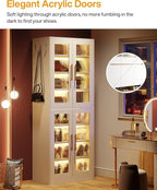 Tribesigns Tall Shoe Storage Cabinet with Acrylic Doors and LED Lights, 8-Tier Entryway Shoe Organizer Rack with Adjustable Shelves and Hanging Hooks for Narrow Closet, Hallway, Living Room, White