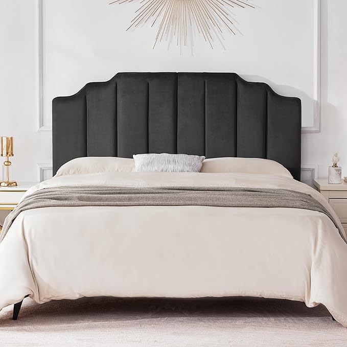 King Upholstered Headboard, Velvet Head Board, Tufted King Headboard only, Elegantly Curved Headboards only, Modern Vertical Channel Design Bed Head Board, Dark Gray