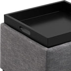 SIMPLIHOME Natasha 18 inch Wide Mid Century Square Mid Century Storage Ottoman with Tray in Slate Grey Polyester Linen, Assembled, For the Living Room, Entryway and Family Room
