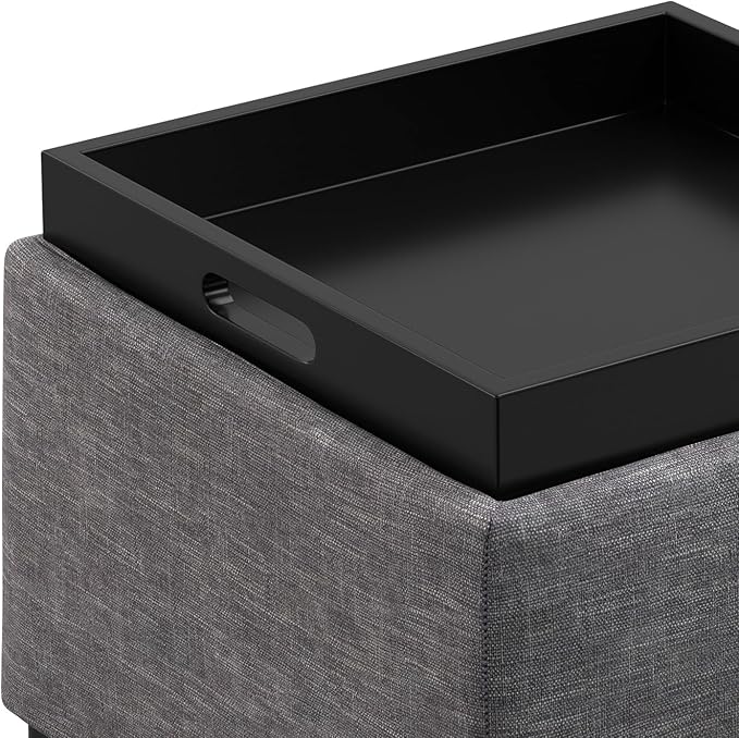 SIMPLIHOME Natasha 18 inch Wide Mid Century Square Mid Century Storage Ottoman with Tray in Slate Grey Polyester Linen, Assembled, For the Living Room, Entryway and Family Room