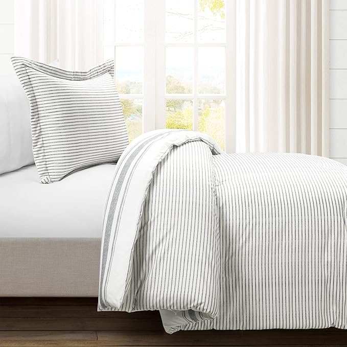 Lush Decor Farmhouse Stripe Reversible Cotton Comforter Set , 2 Piece Set, Twin XL, Dark Gray - Twin Bedding Set - Dorm Decor - Striped Comforter For Kids Or Teens - Modern Farmhouse Bedroom Decor
