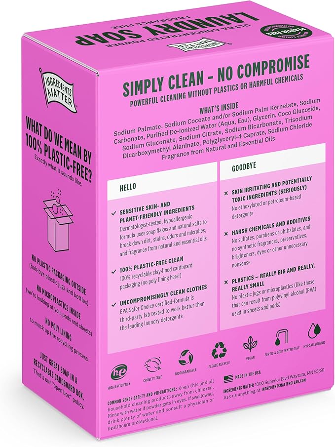 Ingredients Matter Powder Laundry Soap - Lavender Scent, Hypoallergenic Detergent, Natural & Eco-Friendly, Plastic Free, Made in USA, Natural Essential Oils & Dermatologist Tested - 15 oz, 30 Loads