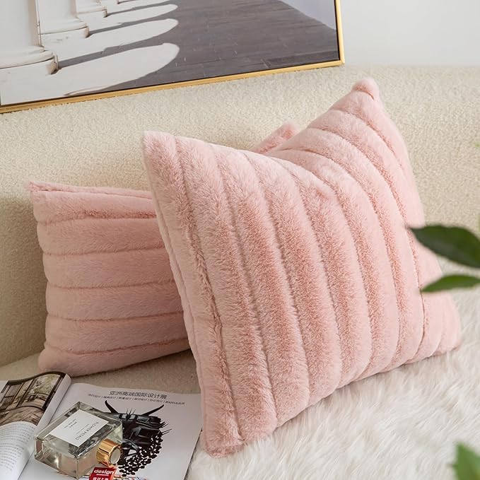 Pack of 2 Faux Fur Throw Pillow Covers 12x20 Inch Striped Decorative Soft Plush Couch Pillow Case Home Decor for Bed, Sofa, Living Room Pink
