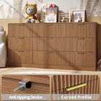 Fluted Dresser for Bedroom with 9 Drawer, 63” Wide Wooden Dresser Mid Century Chest of Drawers with Handle, Dressers TV Stand Storage Organizer for Bedroom, Living Room, Natural Wood
