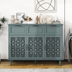 Sideboard Buffet Cabinet with Storage - Accent Storage Cabinet with Carved Pattern, Modern 3 Door 3 Drawer Cabinet, Farmhouse Wood Credenza for Living Room, Dining Room (Green)