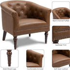 Pia Ricco Faux Leather Barrel Accent Chair, Comfy Club Armchair with Solid Wood Legs, Nailhead Trim Upholstered Single Sofa Chair for Living Room Bedroom/Reading Room, Tan