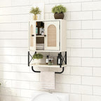 RUSTOWN Rattan Bathroom Wall Cabinet, Boho Over The Toilet Storage Cabinet with Arched Rattan Doors, Modern Medicine Cabinet with Adjustable Shelves & Towel Bar(Vintage White,Small)