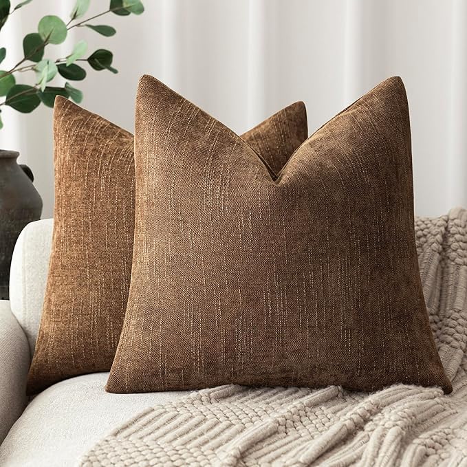 Foindtower Set of 2 Soft Textured Chenille Throw Decorative Pillow Covers Square Accent Solid Cushion Cover Cozy Neutral Farmhouse Pillow Case for Couch Sofa Bedroom Living Room 16x16 Inch,Dark Bronze