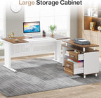 Tribesigns 63 Inch Executive Desk with File Cabinet, L Shaped Office Desk with Drawers and Storage Shelves, Business Furniture Set Workstation for Home Office, White and Walnut