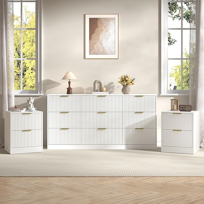 3-Piece Modern Bedroom Furniture Set, Wide 9-Drawer Dresser & 2-Drawer Nightstands Set of 2, Natural Wood Dresser and Nightstand Sets for Bedroom, Hallway, White