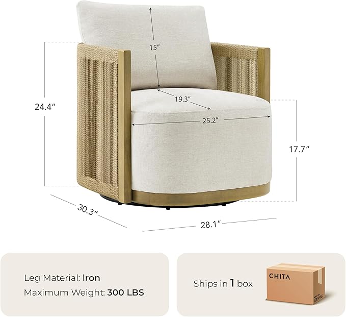 CHITA Braid Swivel Accent Chairs, Modern Comfy FSC Certified Armchair with Paper Cord & Wood Frame for Living Room and Bedroom, Fully Assembled - Mink