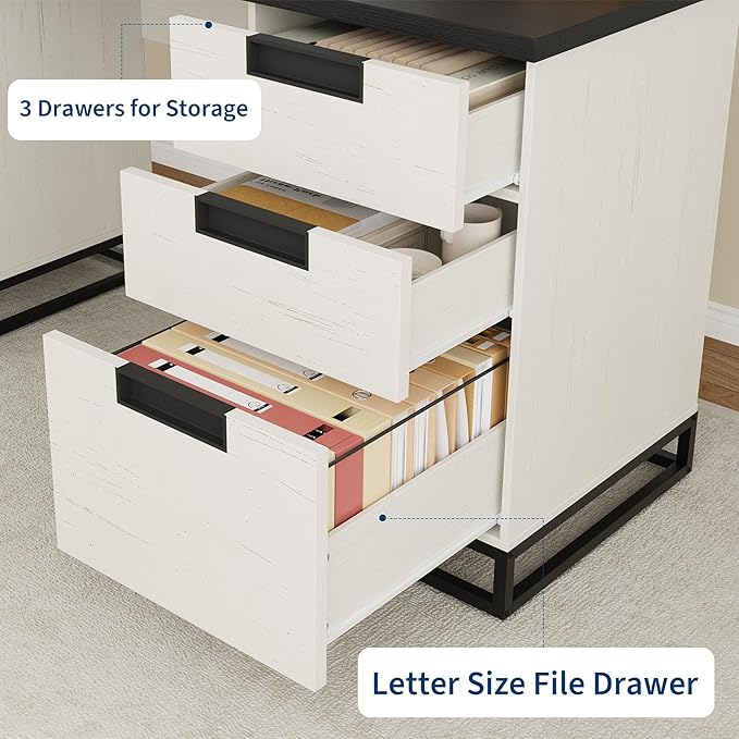 GAOMON Farmhouse Executive Desk, 59 Inch Computer Desk, White Home Office Desks with File Drawer and Storage Cabinet, Wood Writing Desks for Bedroom, Home Office, White+Black