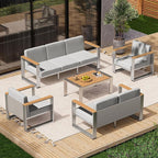 Outdoor Patio Furniture Set, 7 Seats Outdoor Patio Conversation Sets with Ergonomic Seat and Wide Washable Thick Cushions, Modern Patio Sectional Furniture for Balcony, Porch（Teak-Gray