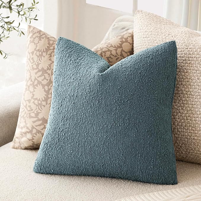 Foindtower Pack of 2 Textured Boucle Throw Pillow Covers Accent Solid Pillow Cases Cozy Soft Decorative Couch Cushion Case for Chair Sofa Bedroom Living Room Home Decor 18x18 Inch Misty Blue