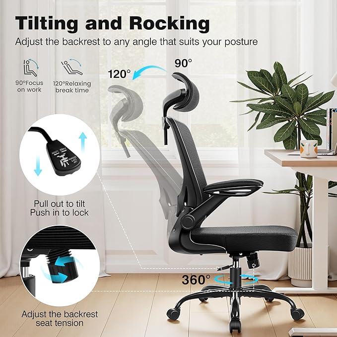 Ergonomic Office Chair, High Back Mesh Desk Chair with Lumbar Support, Flip-up Armrests, Adjustable Headrest, Computer Gaming Chairs for Long Hours, Black