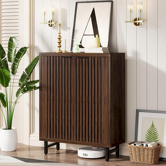 Tribesigns 6-Tier Shoe Cabinet with Shutter Doors, Large Wooden Shoe Organizer Rack with Adjustable Shelves, Modern Farmhouse Hidden Storage Furniture for Entryway, Hallway (Dark Walnut)