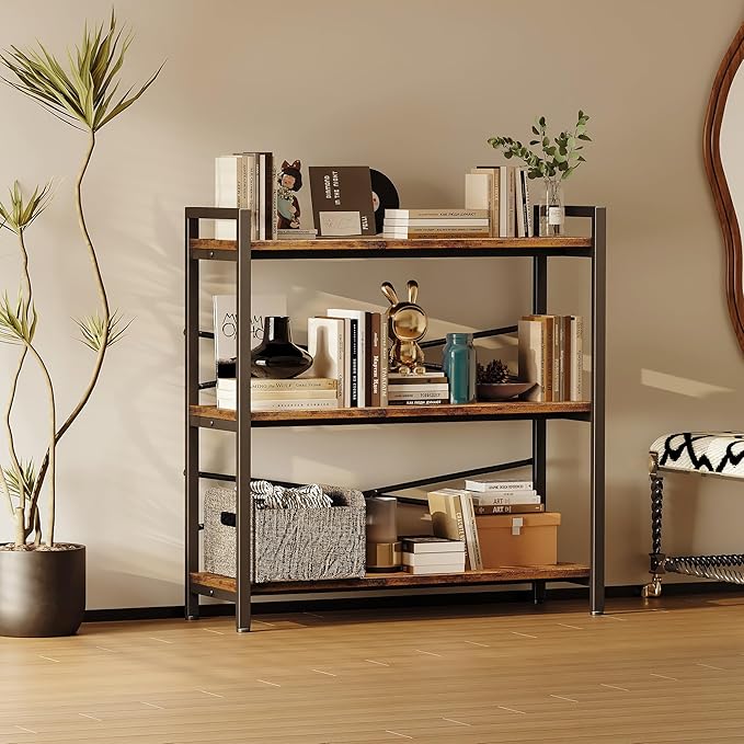 Book Shelf, 3 Tier Bookshelf 31.49" Width, Book Shelf Storage and Organization, Wooden and Metal Industrial Bookcase, Large Book Shelves for Home Living Room Bedroom Office Storage(Vintage)