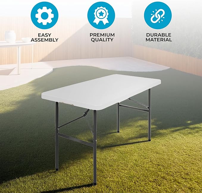 SIMPLI-MAGIC 4ft Plastic Folding Table, Indoor Outdoor Heavy Duty Portable/Handle, Lock for Picnic, Party, Camping - White