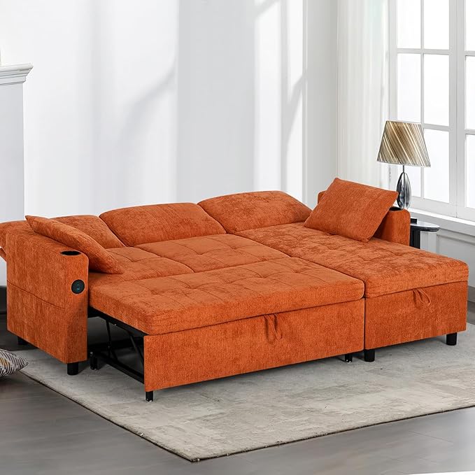 84" Chenille Pull Out Sofa Bed w/Adjustable Backrest, L-Shape Modern Sleeper Sofa w/Reversible Chaise, Upholstered Sectional Couch w/USB Port and Side Pockets for Living Room, House, Orange
