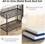 Bunk Bed Twin Over Twin with 6'' Mattresses Included, Heavy Duty Metal Bunk Bed Frame with Angled Ladder for Teens and Adults, for Spaces-Saving, Smooth Rounded Edges, Black