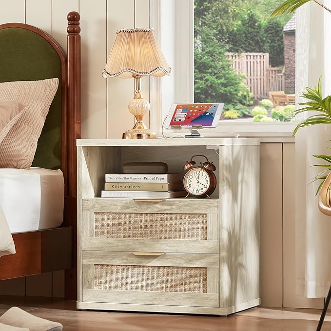 LEYAOYAO Rattan Nightstands Set of 2 with Charger Station, 23" Wide Boho Night Stand with 2 Drawers, Grey White Bedside Table Open Shlef, Bed Side End Table Dresser for Bedroom, Living Room Hallway