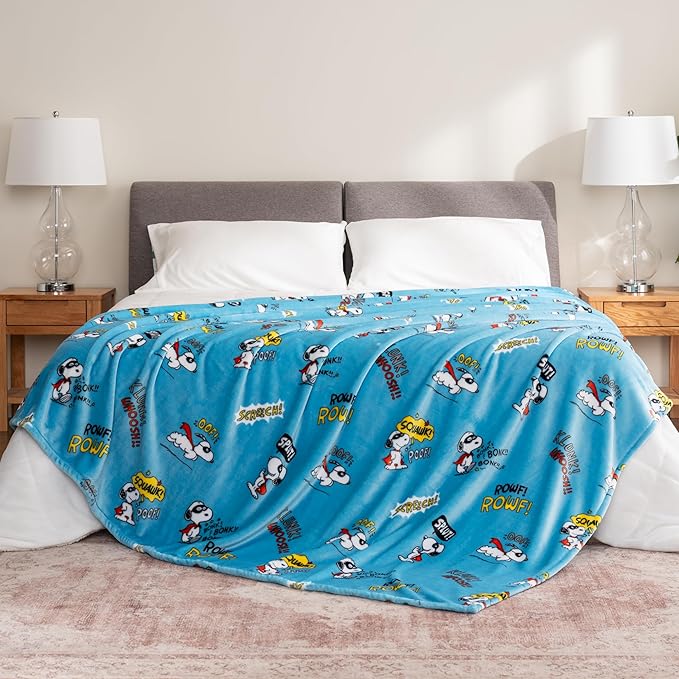 Berkshire Blanket Peanuts® VelvetLoft® Cute Character Snoopy Plush Blanket,Peanuts Large Masked Marvel Toss Happy Blue,Twin 60 in x 90 in (Official Peanuts® Product)