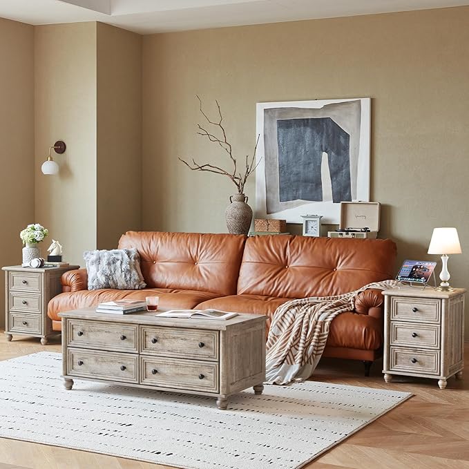 Farmhouse Dressers & Night Stand Set of 4, Wood 54" Wide 6 Drawer Dresser & 35" Tall Chest of Drawers, 18" Roman Column Nightstand Set of 2, Bedroom Furniture Dresser Sets for Home Living Room Hallway