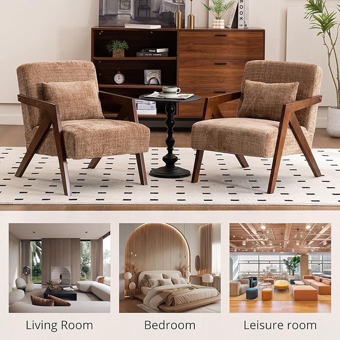 Mid-Century Modern Accent Chair with Solid Wood Frame，Upholstered Chenille Living Room Arm Chairs with Pillow for Bedroom, Living Room, Reading Room, Balcony, Brown