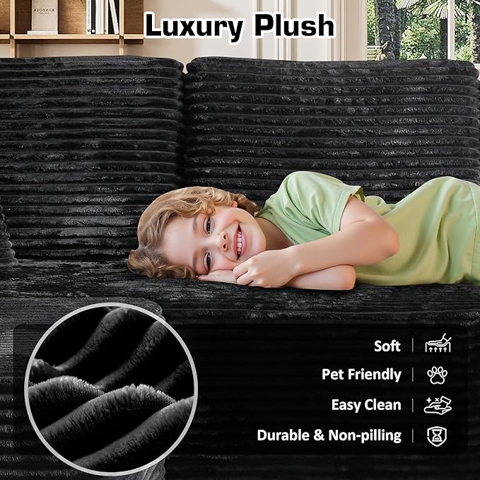 Oversized U Shaped Boneless Sectional Cloud Couch, 133.1'' Modular Sofa with Chaise, Deep Seat Plush Corduroy Couches for Living Room, No Assembly Required,Plush Corduroy,Black