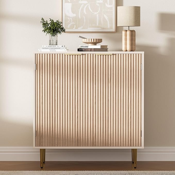 Buffet Sideboard Cabinet with 2 Doors, Kitchen Cabinet with Golden Handles & Legs, Modern Accent Storage Cabinet with Adjustable Shelf, Coffee Bar for Kitchen, Living Room, Oak