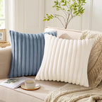 Pallene Faux Fur Plush Throw Pillow Covers 24x24 Set of 2, Luxury Soft Fluffy Striped Decorative Pillow Covers for Sofa, Couch, Living Room, Blue Grey
