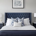 Madison Park King Button Tufted Headboard, Adjustable Upholstered Wingback Headboard, Nailhead Trim, Wooden Frame, Black Metal Legs, Flush Flat Back, Vintage Bedroom Décor - Navy Amelia