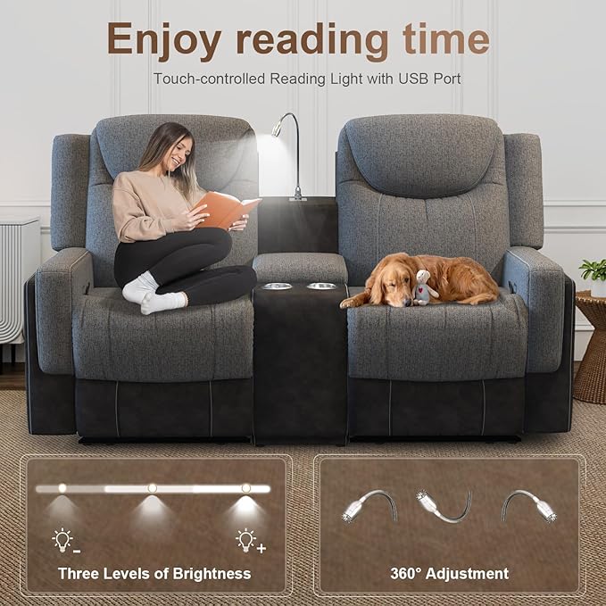 Loveseat Recliner Sofa, Manual Double Recliner with Storage Console, Cup Holder, USB Port & Reading Light, Grey Linen & PU Leather Manual Reclining Couch for Living Room, RV/Theater Seating