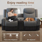 Loveseat Recliner Sofa, Manual Double Recliner with Storage Console, Cup Holder, USB Port & Reading Light, Grey Linen & PU Leather Manual Reclining Couch for Living Room, RV/Theater Seating