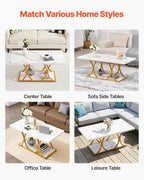 VEVOR Coffee Table, Modern Faux Marble Coffee Table, Large 2-Tier Rectangle Center Desk with Geometric Legs, Minimalist Sturdy Metal Frame Accent End Desk for Living Room, Office, Easy Assembly, White