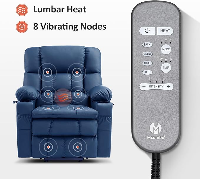 MCombo Dual Motor Power Lift Recliner Chair for Elderly, Lay Flat Lift Chair with Heat and Massage, Cup Holders, USB Ports, Faux Leather 7890 (Blue, Medium)